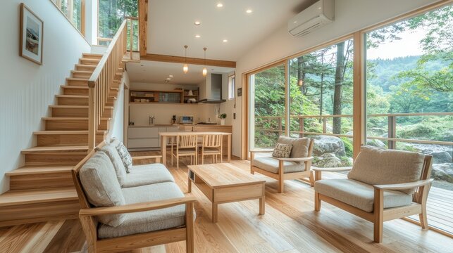 Cozy living room with nature view and wood design