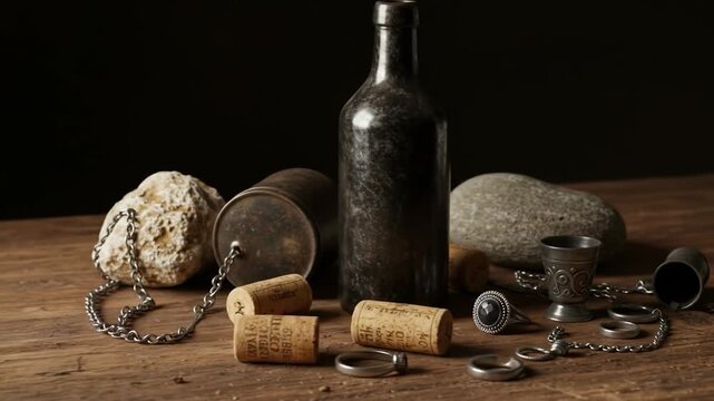 Still life composition with bottle corks jewelry and dark accents on wooden surface