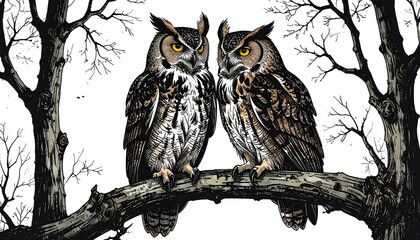 Obraz premium Two great horned owls perched on a branch.