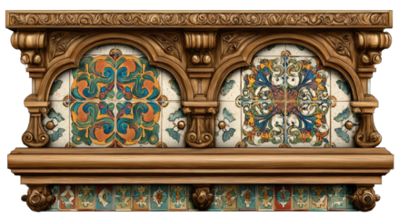 Ornate wooden mantelpiece with colorful tile panels