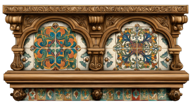 Ornate wooden mantelpiece with colorful tile panels