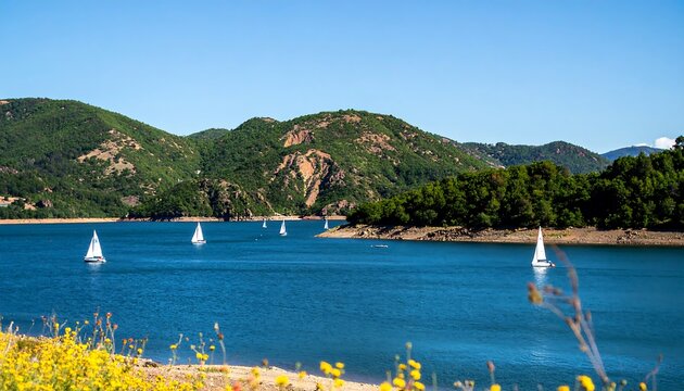 A tranquil lake scene with sailboats, lush mountains, and a vibrant blue water expanse.  A picturesque view of nature's beauty.