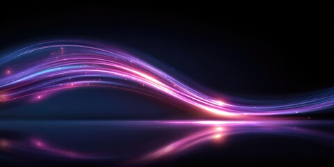 Abstract, vibrant, glowing, wavy lines reflecting on a dark surface