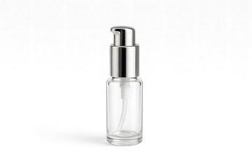 Naklejka premium Small Clear Glass Pump Bottle with Silver Metallic Cap for Luxury Cosmetic Skincare Packaging Mockup