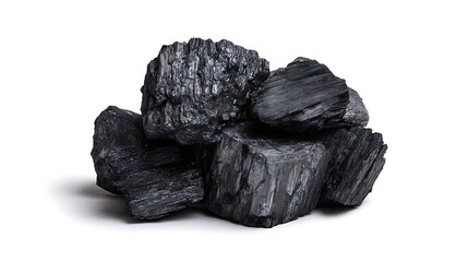 Fototapeta premium Pile of Glossy Black Coal Chunks Stacked Together on an Isolated White Background