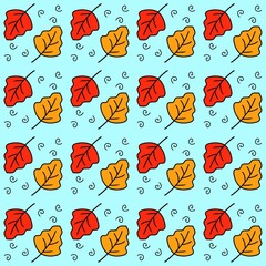 Seamless pattern of red and orange autumn leaves. Cute flat cartoon style design, perfect for wallpaper, fabric, wrapping, or decorative surface