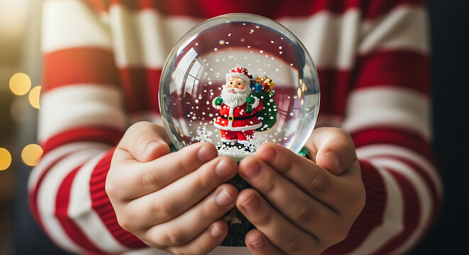 Child holds a snow globe with Santa Claus inside a winter holiday celebration scene