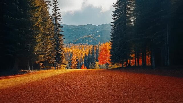 Drone view flying through a colorful autumn forest with fallen leaves covering the ground.