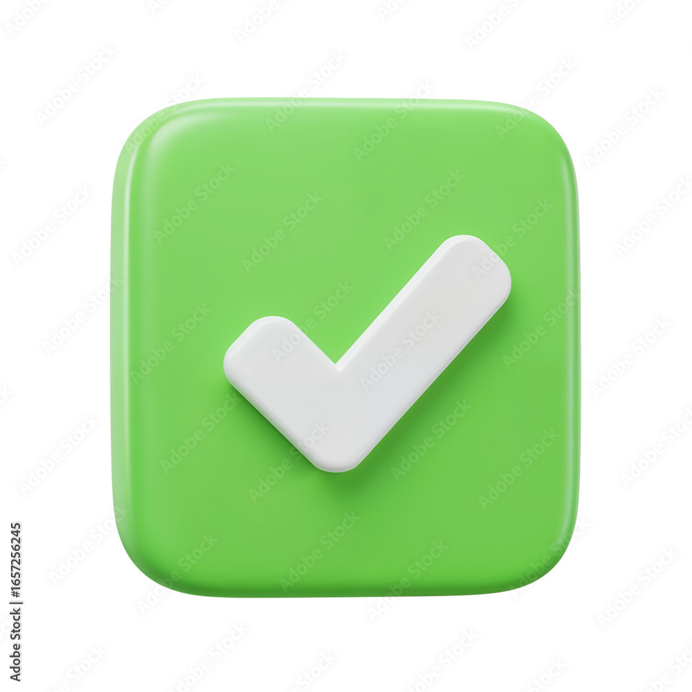 Poster glossy green square button with a white checkmark symbol indicating approval or success isolated on 