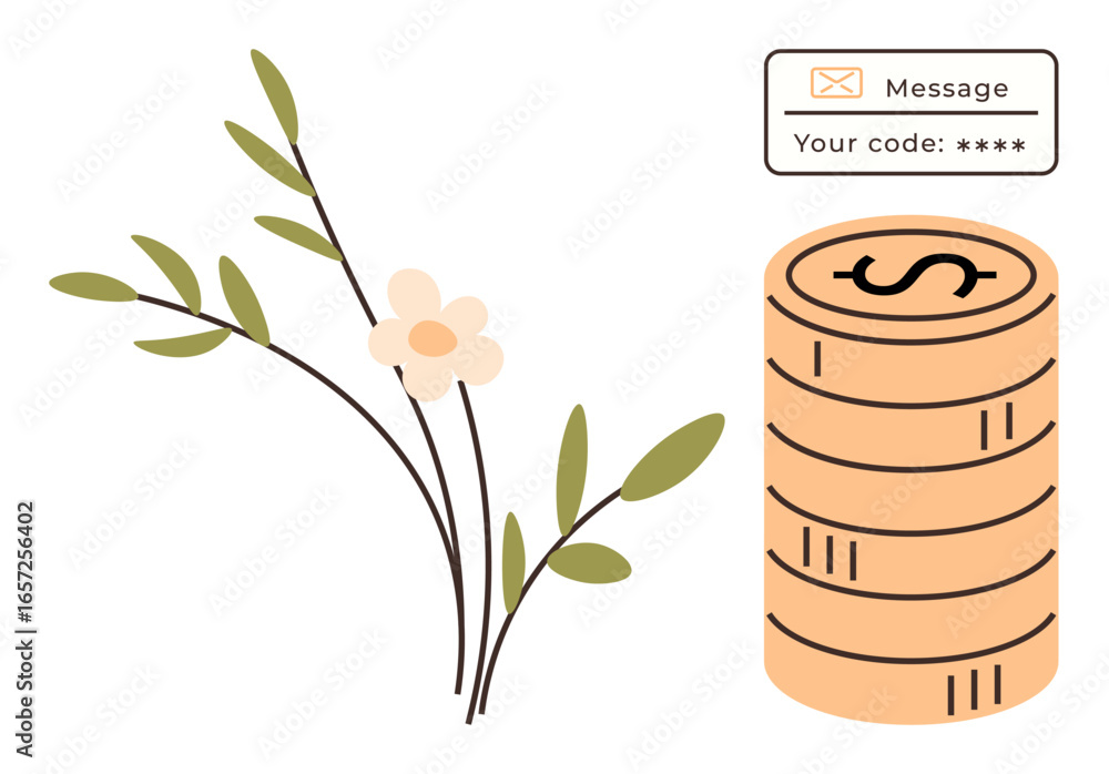 Aufkleber stack of coins next to blooming floral branches and a secure message notification. ideal for finance
