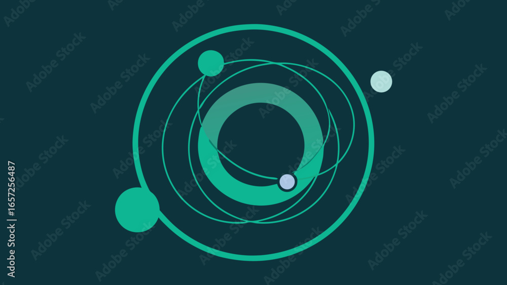 Poster abstract dark teal background with concentric circles and orbiting dots green