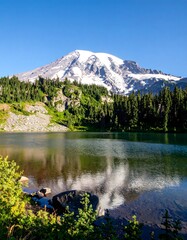 Mountain lake reflecting snow-capped peak