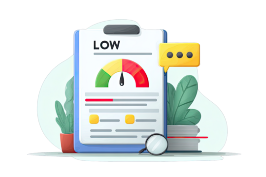 A clipboard with a low rating gauge and supporting elements