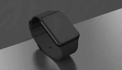 Black smartwatch resting on reflective surface in minimalist studio lighting, showcasing sleek modern technology with a sophisticated and understated aesthetic.