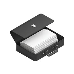 A black briefcase, open, filled with documents