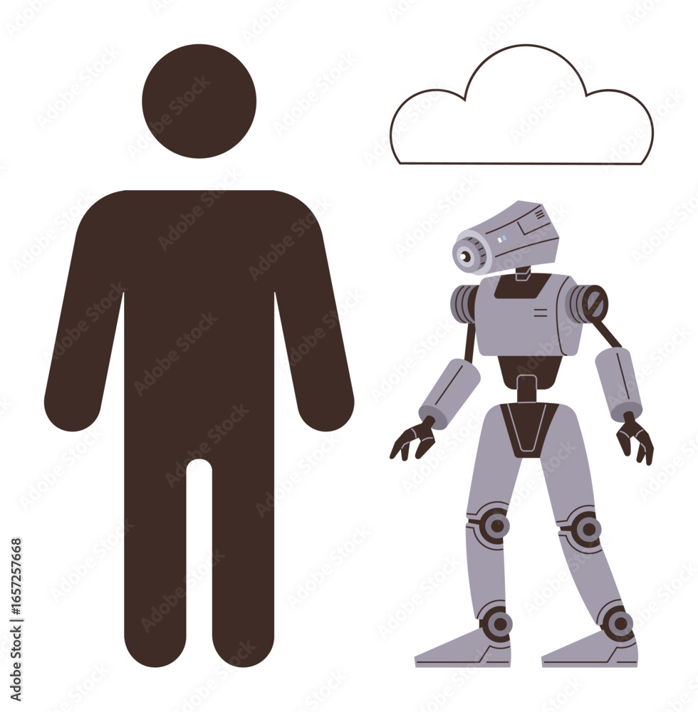 Poster human silhouette and robot with a cloud element highlighting technology, artificial intelligence, an