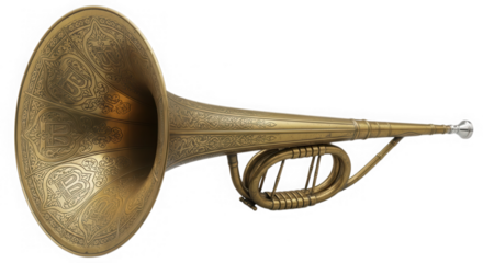 Vintage engraved brass trumpet musical instrument isolated on transparent background