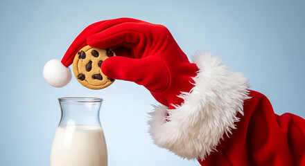 Santa Claus hand in red glove holding chocolate chip cookie above milk bottle with light blue background