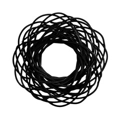 Dark, swirling, interconnected lines form a circular frame, with tiny, colored specks scattered within