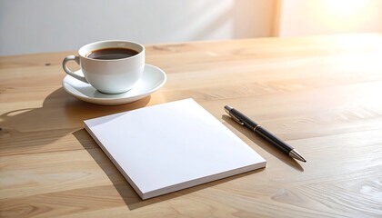 Coffee cup sits next to blank notepad and pen on wooden desk in sunlit office, creating a peaceful and productive atmosphere.