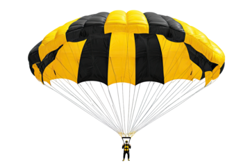 Yellow and black parachute, open, showing lines and rigging