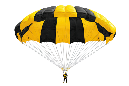 Yellow and black parachute, open, showing lines and rigging