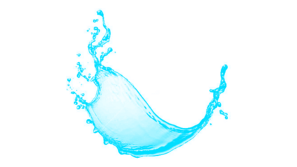 Dynamic curved splash of clear water. Isolated crescent-shaped liquid motion PNG clip art on a transparent background for a product display, nature, or cleaning concept.