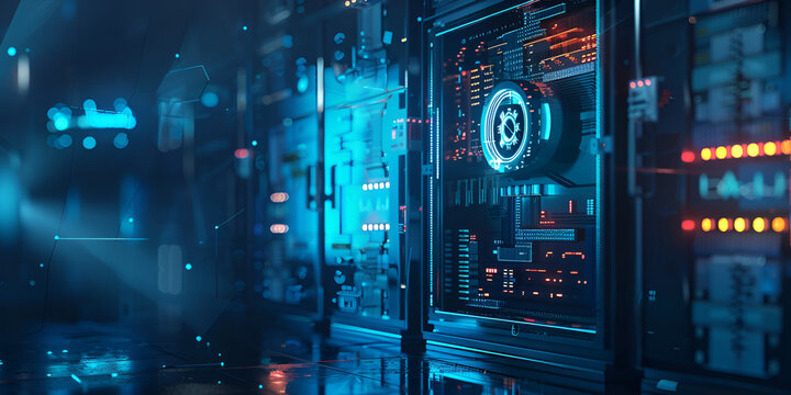 Futuristic data center with glowing panels, High-tech server room with cybersecurity systems, Digital information hub with advanced technology
