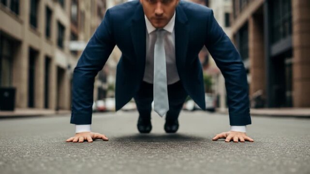 Man in suit doing push ups on street fitness concept strength exercise urban environment determination motivation
