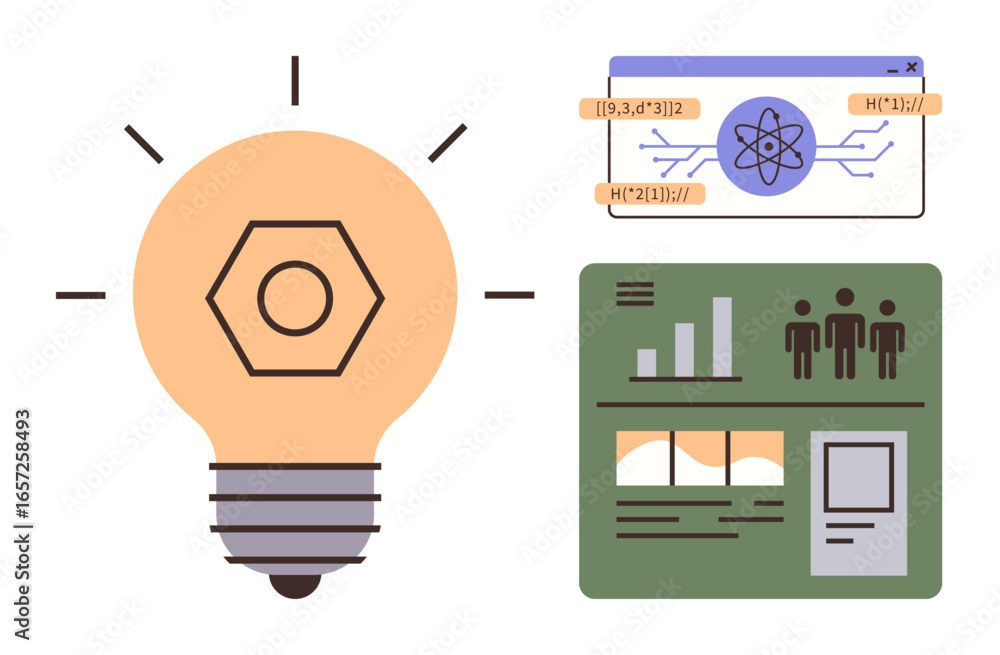 Poster lightbulb with hexagonal detail, atomic formula, and charts symbolizing innovation, research, and da