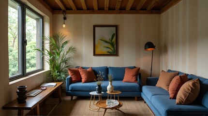 Living Room with Blue Sofa, Cushions, and Painting