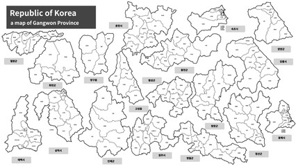 Obraz premium Gangwon Province South Korea Administrative Map - Cities, Counties, Districts, Towns and Townships
