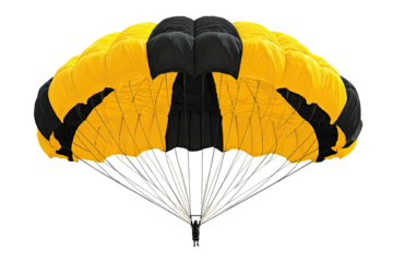 Open parachute, bright yellow canopy with black accents.  Detailed rigging lines