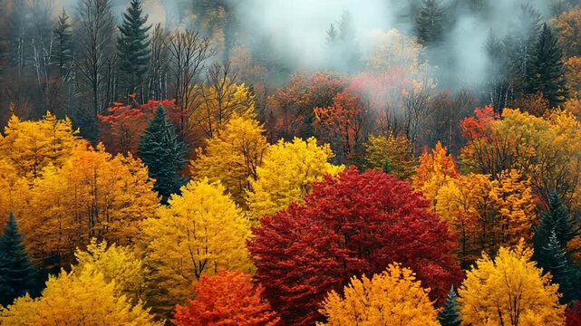 Static shot: Foggy autumn forest with colorful trees. The dramatic sky is overcast and gray.