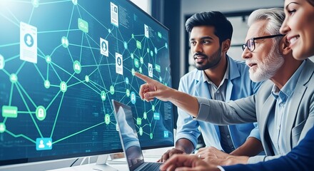 Diverse team collaborating on a digital network analysis displayed on a computer screen