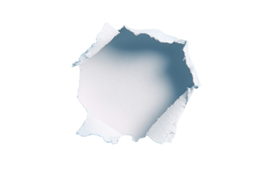 A circular hole punched through white paper, ragged edges