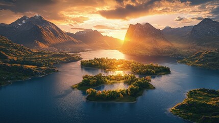 Serene islands nestled in a tranquil mountain lake at sunset.