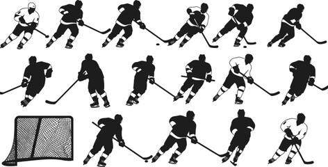Ice hockey player silhouettes in action, vector illustration of skating, shooting, passing, goal net, black and white sports clipart © MDALRAFIN