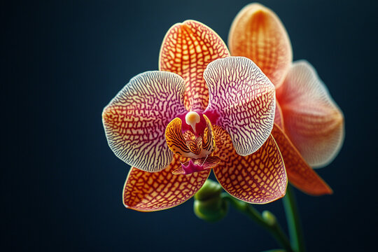 A detailed shot of a blooming orchid with intricate patterns on its petals, set against a dark background.