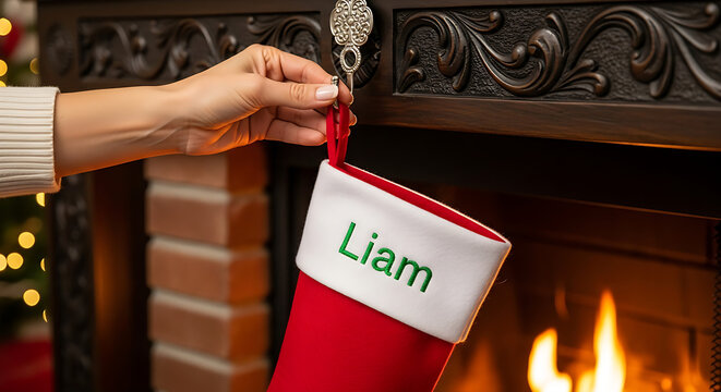Christmas stocking with name Liam hanging on fireplace mantle with warm glowing fire and decorated tree in background creating cozy holiday atmosphere