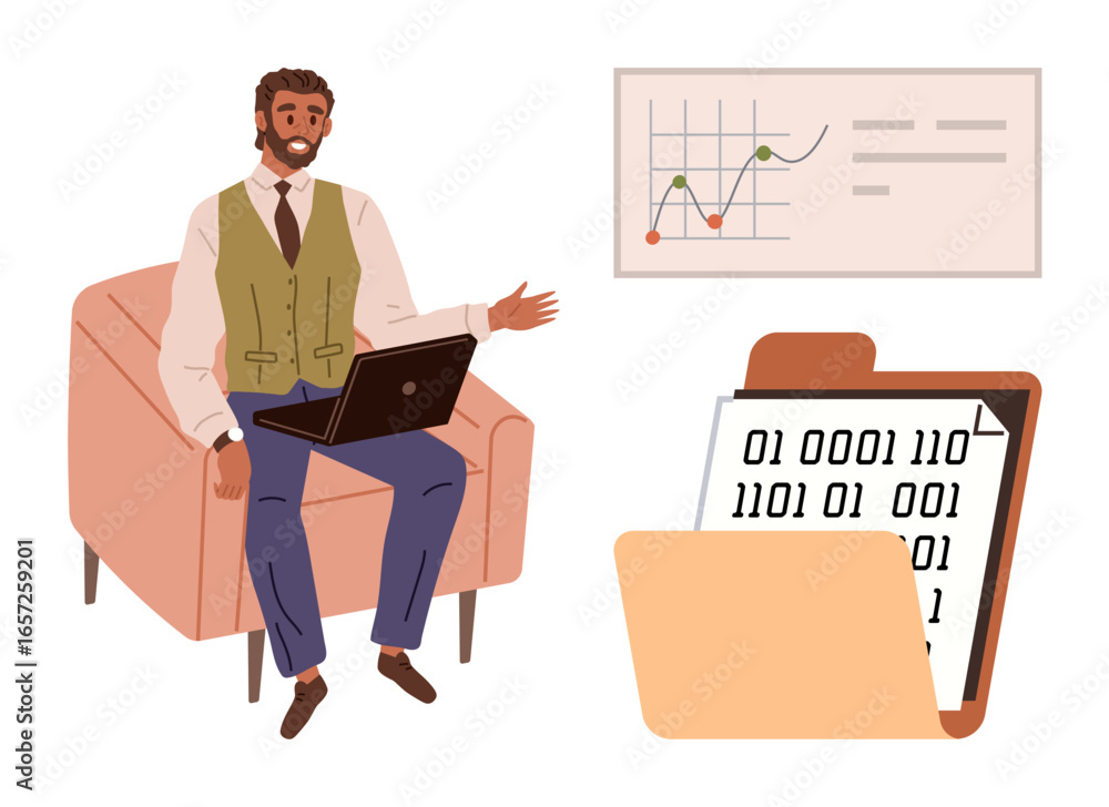 Poster man in formal attire with a laptop, gesturing towards a performance chart and open folder with binar