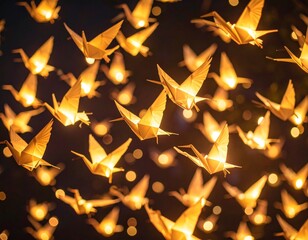 Glowing yellow paper cranes flying in the sky, symbol of hope and healing for World Suicide Prevention Day. Generated image