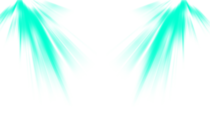 Turquoise spotlights shining up from below. Isolated fresh aqua light beam PNG overlay effect on a transparent background for a modern stage, show, or presentation.