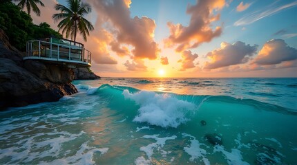 Ocean Wave at Sunrise with Palm Trees and Coastal Building