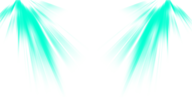 Turquoise spotlights shining up from below. Isolated fresh aqua light beam PNG overlay effect on a transparent background for a modern stage, show, or presentation.