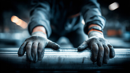 A detailed view of strong gloved hands steadying a polished metal bar in a workshop, symbolizing human skill safety discipline