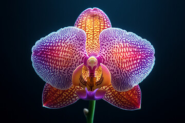 Naklejka na ściany i meble Close-Up of Blooming Orchid with Intricate Petal Patterns on Dark Background