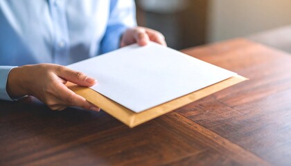 Person holding a white envelope over a wooden table, presenting mail with care and professionalism in a business setting.