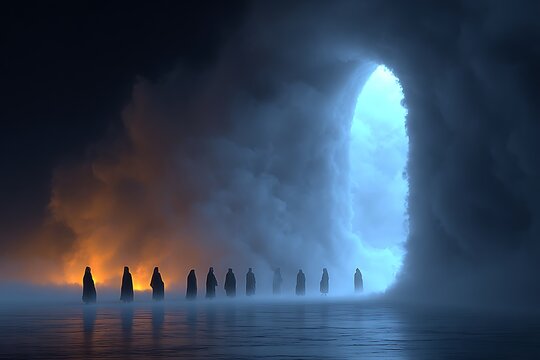 Silhouetted figures walk towards a bright blue portal in a dark, atmospheric, and surreal landscape