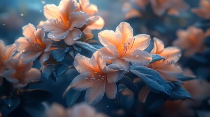 Fototapeta premium Peach azaleas illuminated by soft sunlight, dew drops on petals, moody teal foliage.